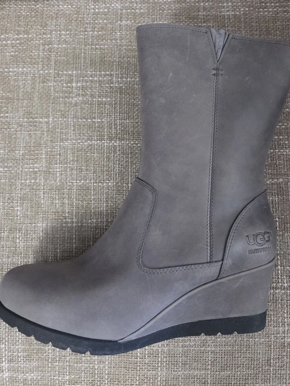 UGG Joely Waterproof Leather Wedge Boots Grey Mid Calf Womens Size 6.5 NWT New